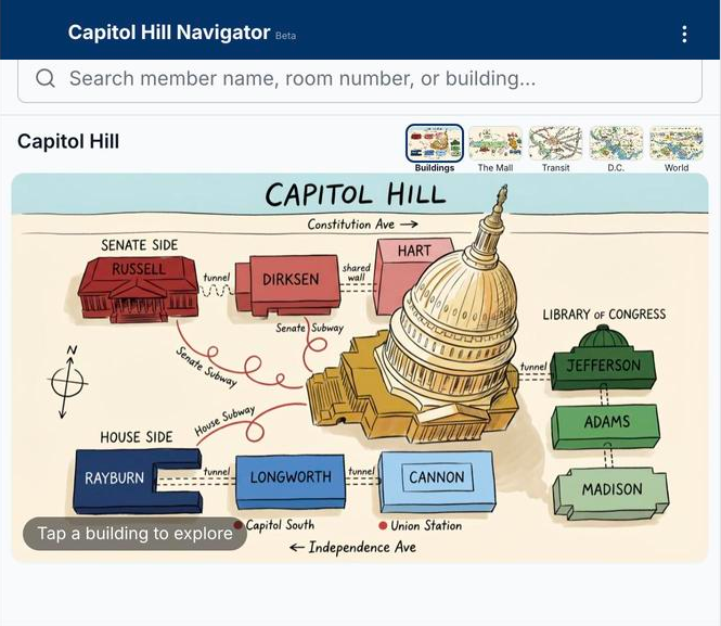 Capitol Hill overview map showing Senate-side and House-side office buildings, the Capitol, and the Library of Congress, with tunnels and subway lines marked between buildings.