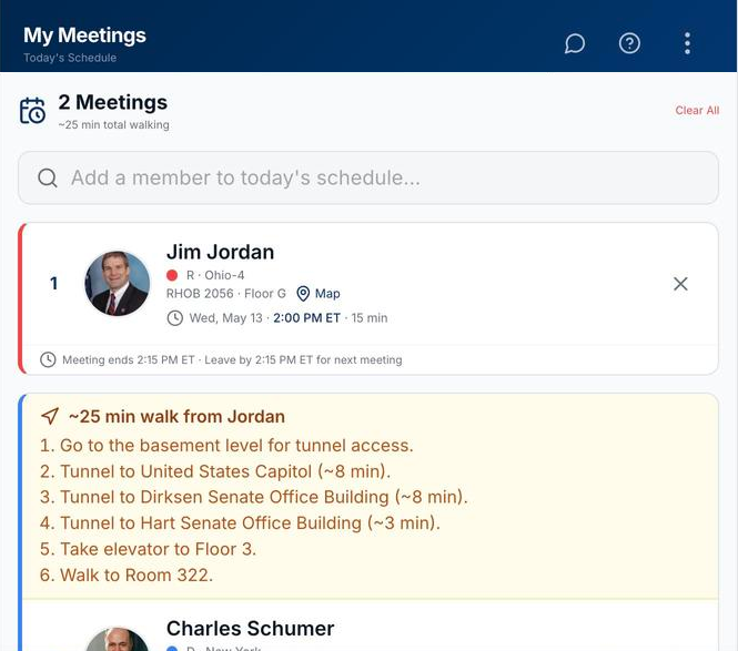 Today's meeting schedule with a member meeting card, walking time, and step-by-step tunnel directions to the next office.