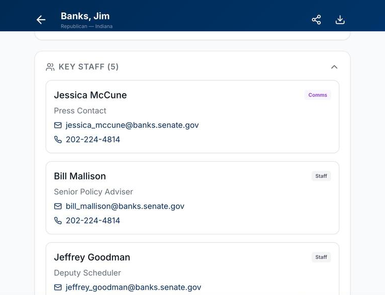 Expanded Key Staff section listing press contact, senior policy adviser, and deputy scheduler with .senate.gov emails and direct phone numbers.
