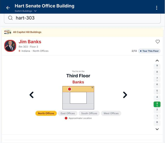 Office building floor plan with a member's office highlighted, quadrant filters for North, East, South, and West offices, and a floor selector on the right.