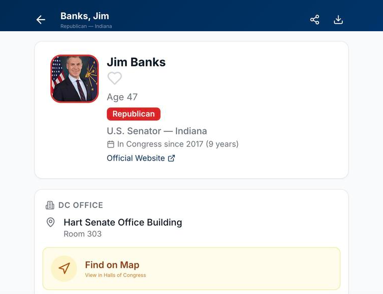 Member detail page showing photo, party, chamber and state, years in Congress, official website link, DC office building and room number, and a Find on Map action.